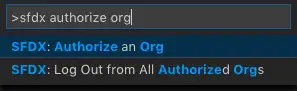Command Palette filtered to SFDX: Authorize an Org command
