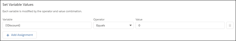 A view of the Set Variable Values overlay for no discount