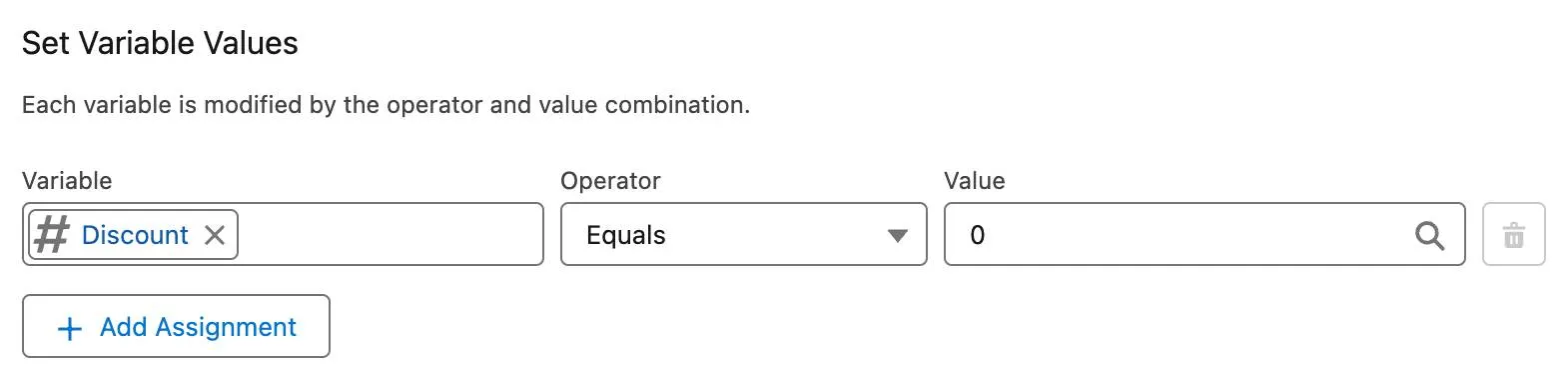 A view of the Set Variable Values overlay for no discount.