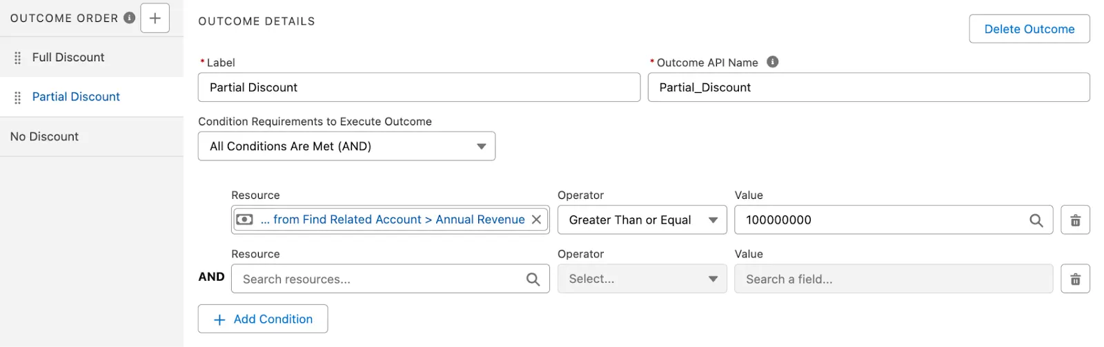 A view of the Decision element after a condition row has been added.