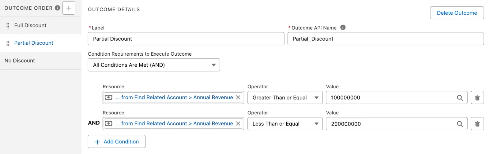 Uma visualização do elemento Decision (Decisão) com a segunda condição adicionada.