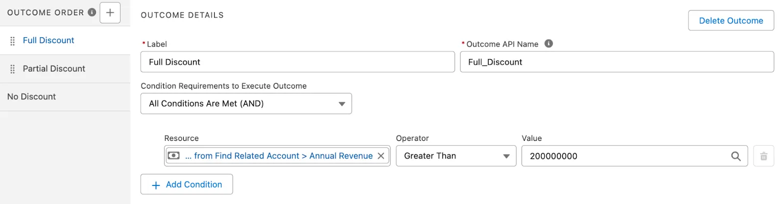 Uma visualização do elemento Decision (Decisão) com a primeira condição adicionada.