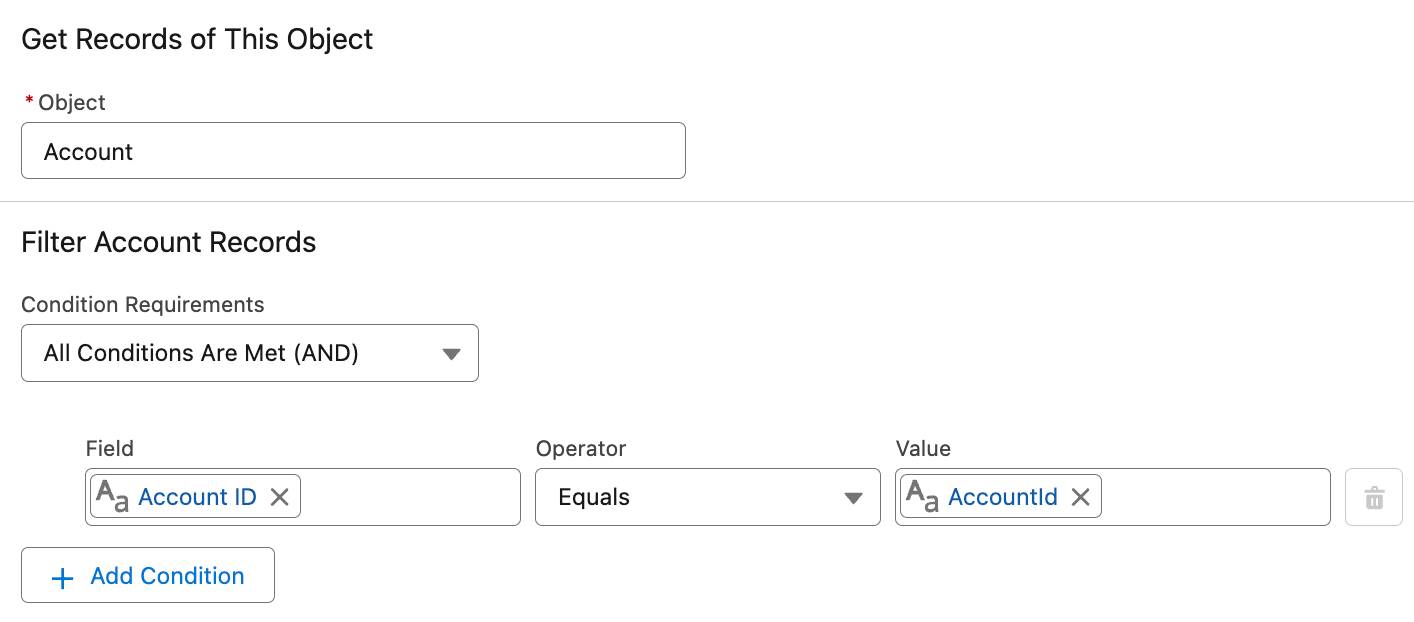 A view of the condition requirements in the Get Records element.