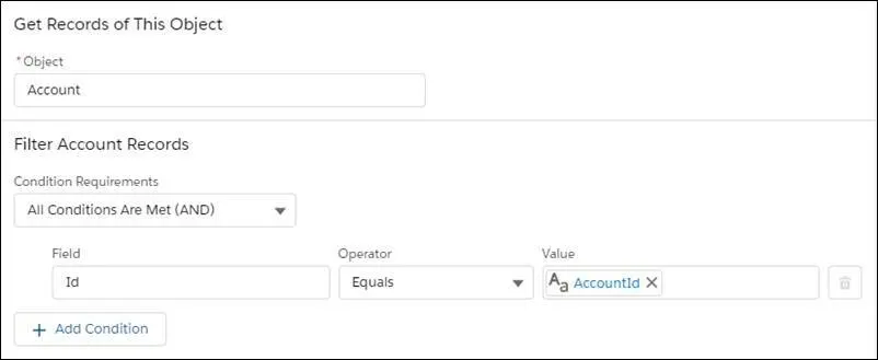 A view of the look up criteria configuration area in the Get Records element.