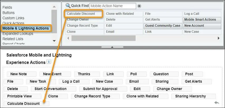 A view of the Opportunity Layout screen showing users where to drag the Calculate Discount button under Salesforce Mobile and Lightning Experience Actions.