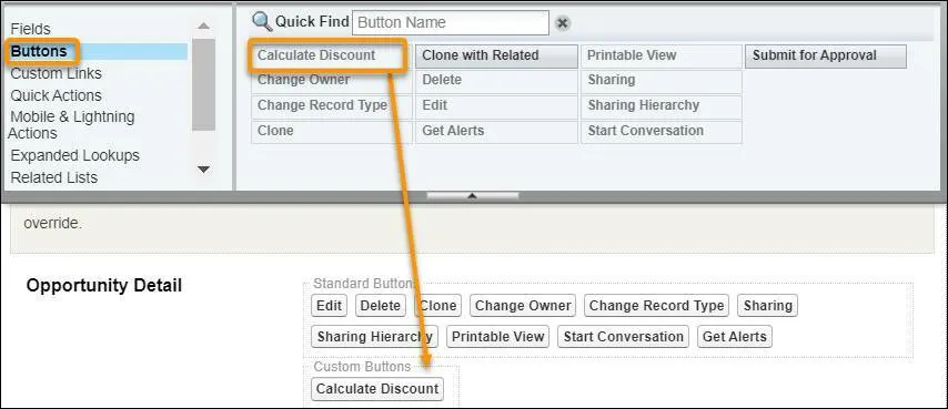 A view of the Opportunity Layout screen showing users where to drag the Calculate Discount button under Opportunity Detail.