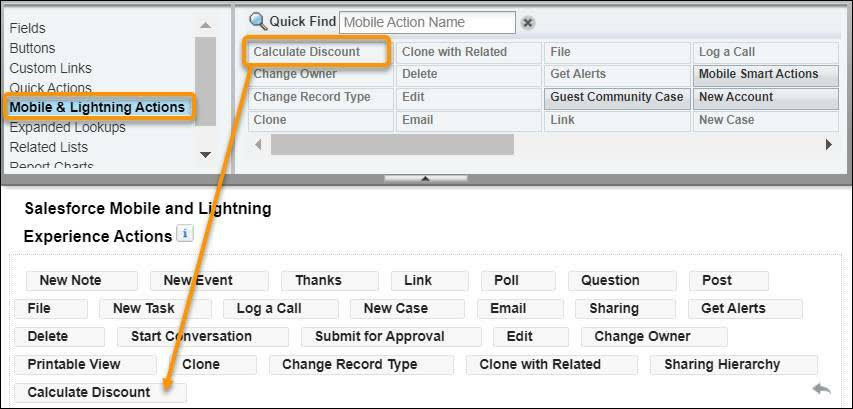 Una vista de la pantalla Opportunity Layout (Formato de oportunidad) que muestra a los usuarios dónde arrastrar el botón Calculate Discount (Calcular descuento) en Salesforce Mobile and Lightning Experience Actions (Acciones de la aplicación móvil Salesforce y Lightning Experience)