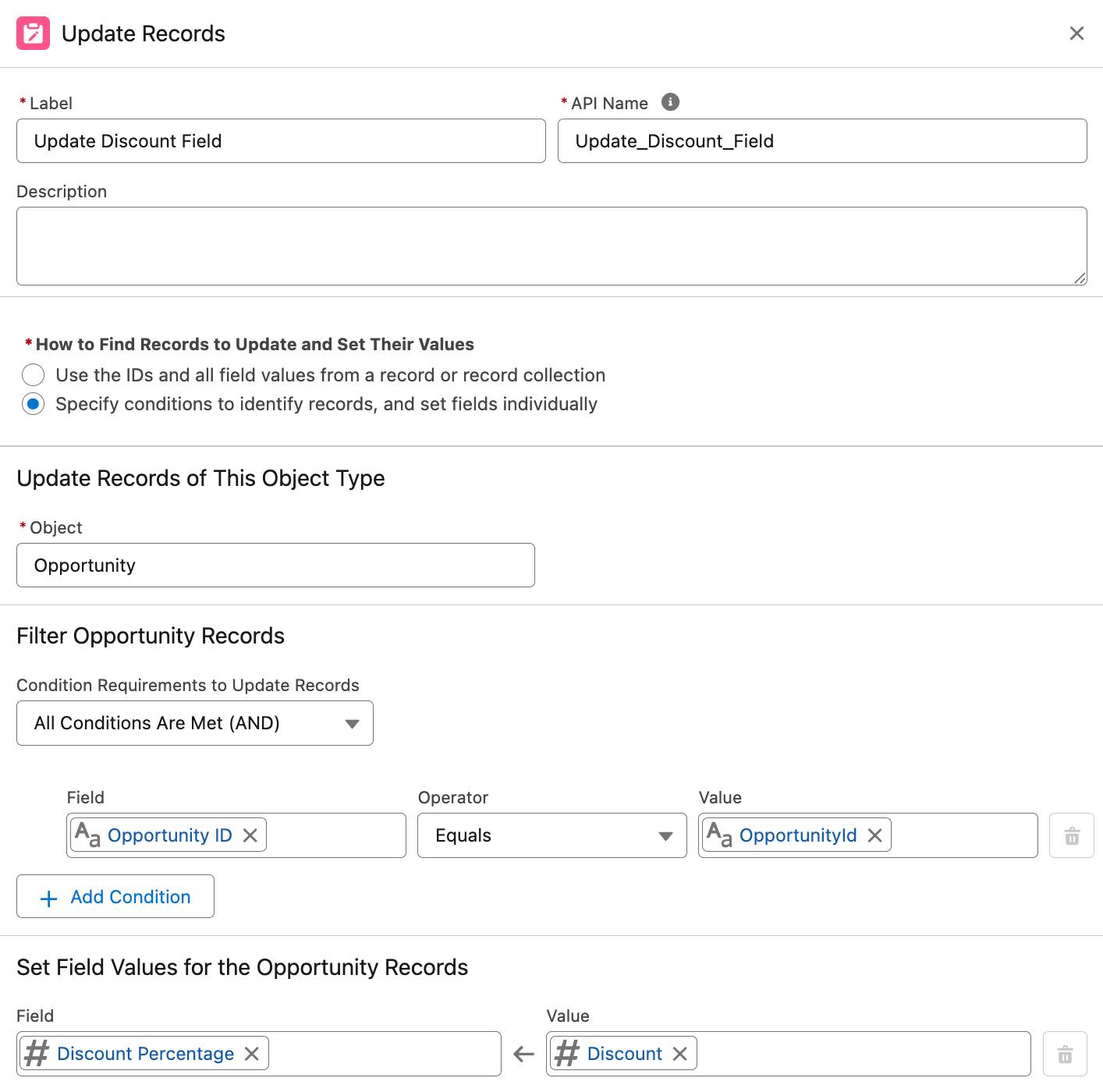 The New Update Records panel corresponding to the preceding steps.