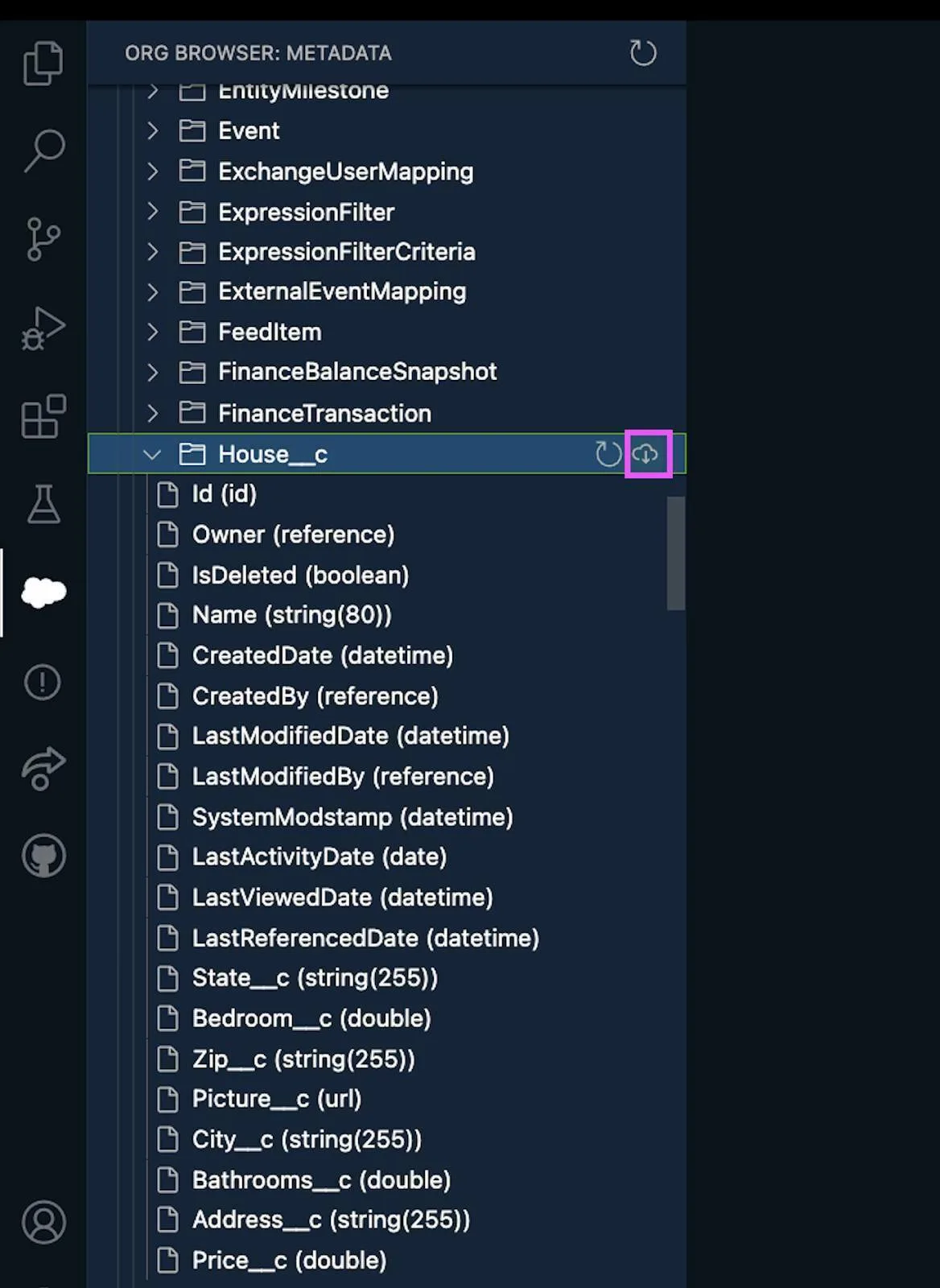 Location of the retrieve source from org button to retrieve metadata for the House Object.