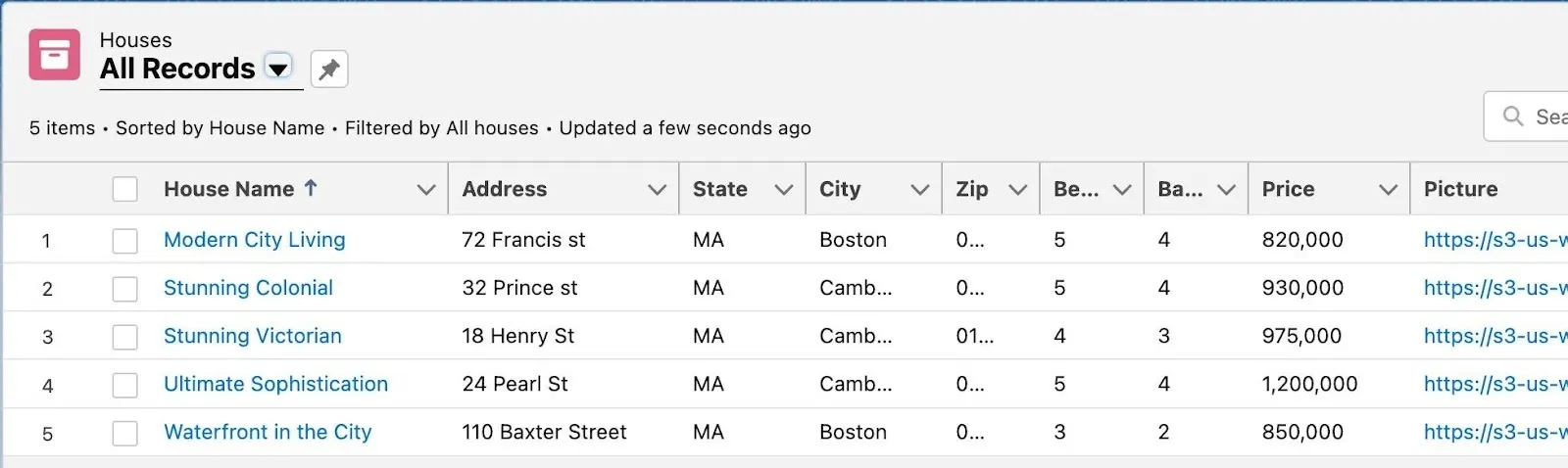 List view to view all records from the House Object