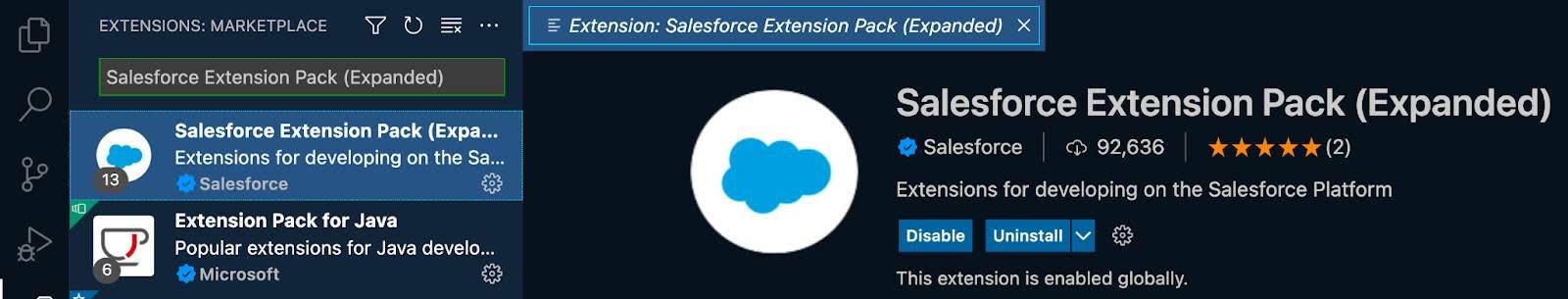 La extensión Salesforce Extension Pack (ampliada) de VS Code.