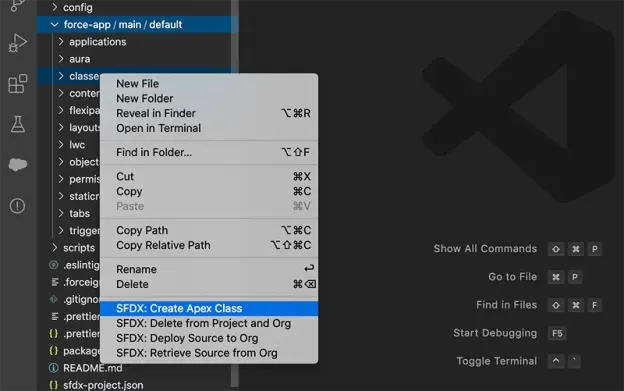 SFDX: Create Apex Class selection.