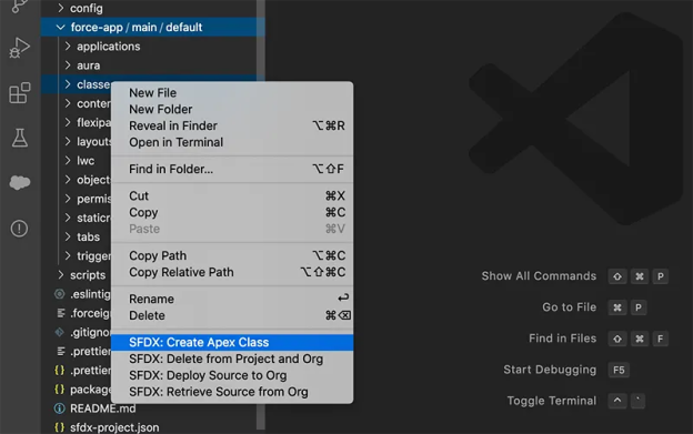 SFDX: Auswahl von 'Create Apex Class'.