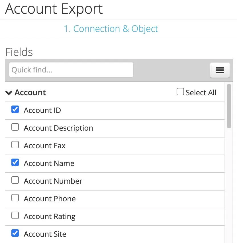 Account fields selected