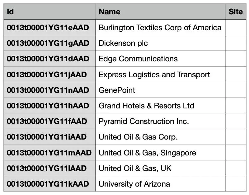 Spreadsheet sorted by Account Name