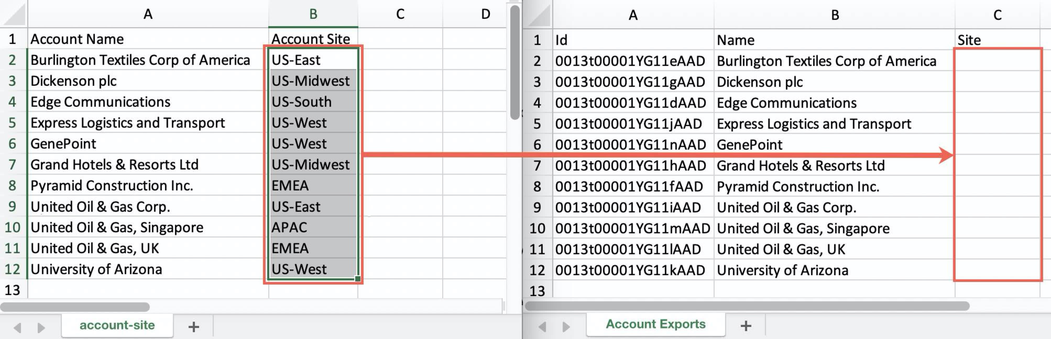 account-site 스프레드시트에서 Account Exports 스프레드시트로 사이트 데이터 이동