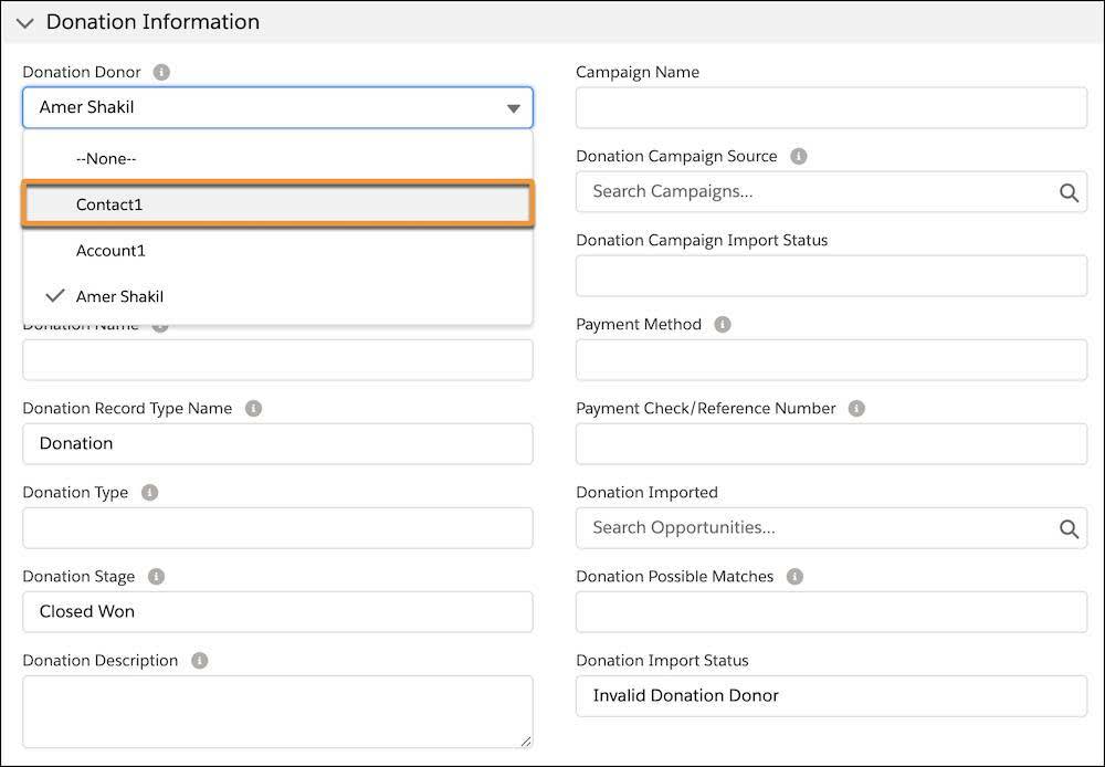 The Donation information of the Data Import record with the Donation Donor picklist open and Contact1 highlighted.