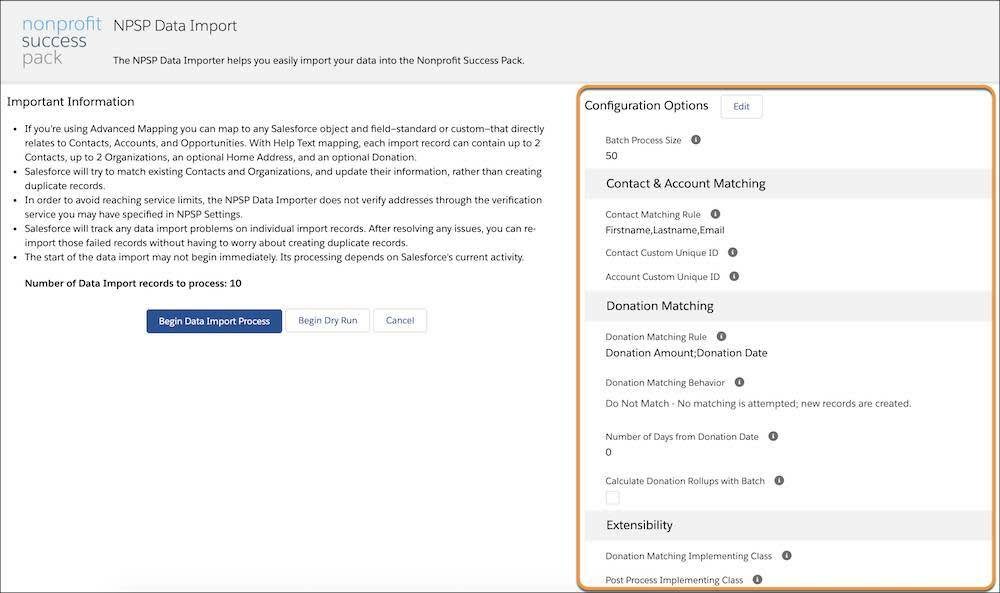 NPSP Data Import page with the configuration options highlighted.