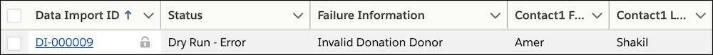 The “Invalid Donation Donor” record in list view.