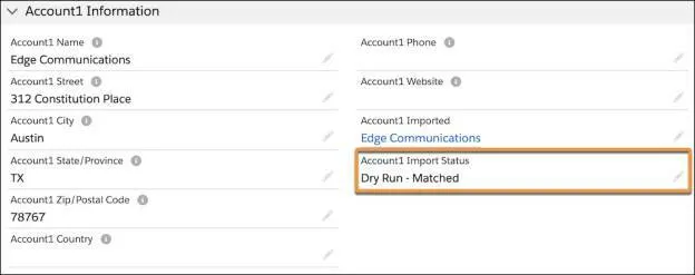 La section Account1 (Compte1) de l’enregistrement, avec Account1 Import Status (Statut d’importation du Compte1) mis en évidence pour montrer le statut « Dry Run - Matched » (« Essai - Correspondance »).