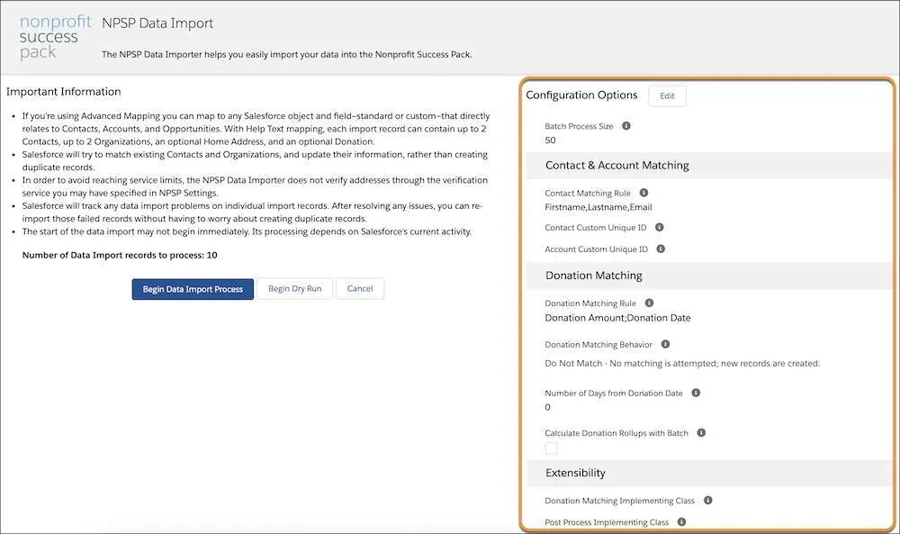 Page NPSP Data Import (Importation de données NPSP) avec les options de configuration mises en évidence.