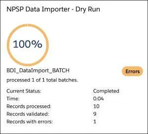 La page de statut « NPSP Data Importer - Dry Run » (« Importateur de données NPSP - Essai »).