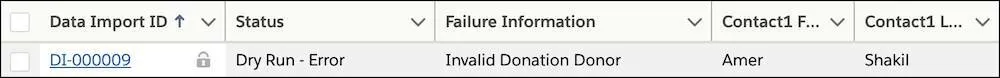 L’enregistrement présentant l’erreur « Invalid Donation Donor » (« Donateur non valide »).dans la vue de liste.