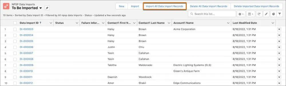 Le bouton Start Data Import (Démarrer l’importation de données) sur la page NPSP Data Imports (Importations de données NPSP)