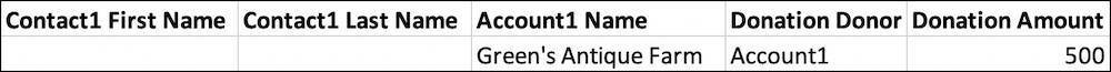 Spreadsheet listing no contact name but an Account1 Name of Green’s Antique Farm and a Donation Donor set to Account1