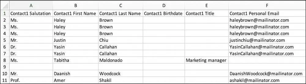 The downloaded data opened in a spreadsheet program, with 11 rows, including header.