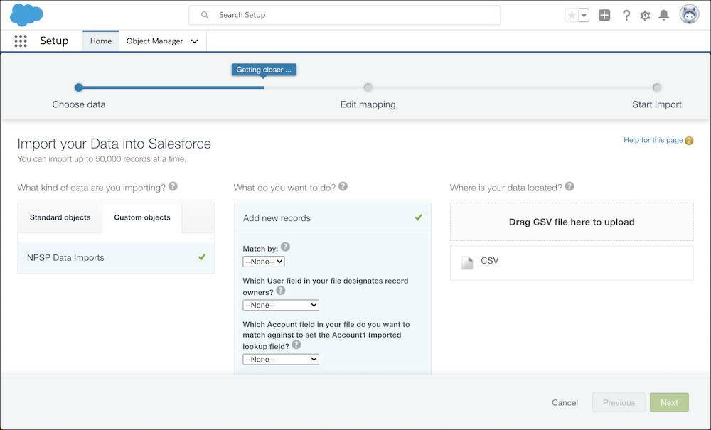 The Import your Data into Salesforce page, with NPSP Data Imports and Add new records selected.