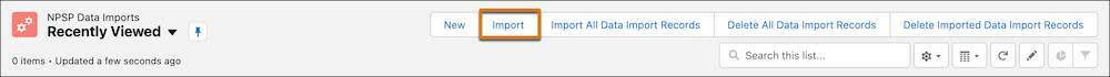 La page NPSP Data Imports (Importations de données NPSP) avec le bouton Import (Importer) mis en évidence