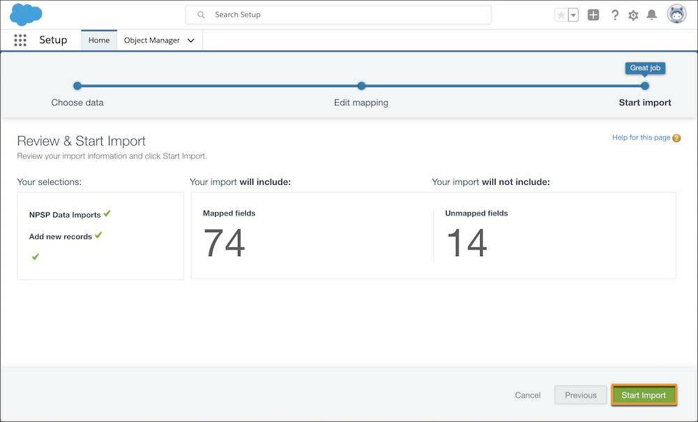 La page Review & Start Import (Vérifier et démarrer l’importation), avec le bouton Start Import (Démarrer l’importation) mis en évidence