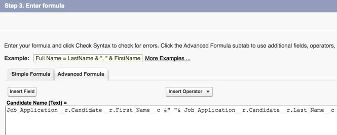 [Candidate Name (候補者名)] の数式が表示された [Advanced Formula (高度な数式)] タブ。