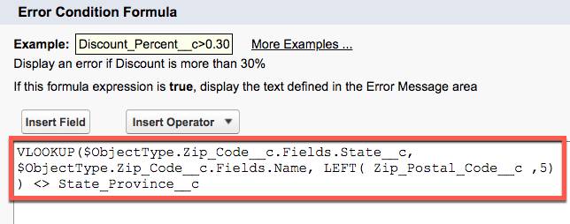 Formule de condition d’erreur pour la règle de validation Zip Code Consistent with State (Code postal cohérent avec la région).