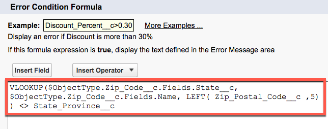 「Zip Code Consistent with State」(都道府県と一致する郵便番号) 入力規則の [Error Condition Formula (エラー条件数式)]。