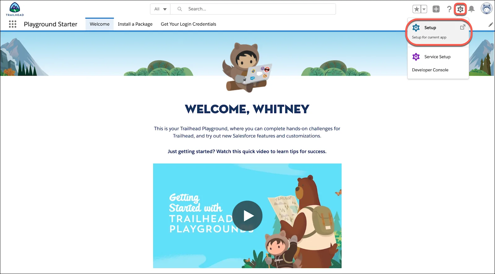 Setup menu opened in a Trailhead Playground