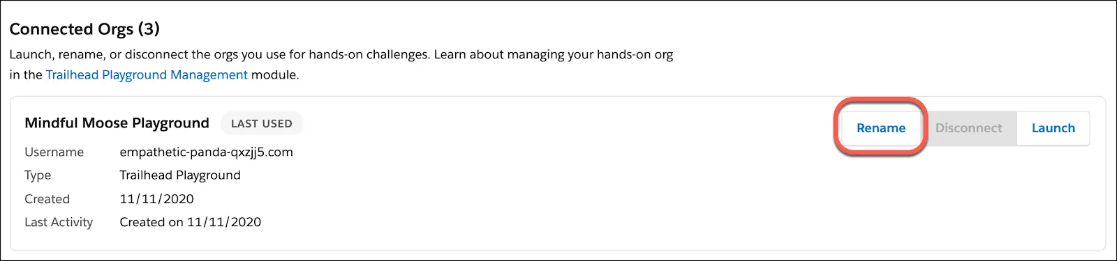 Salesforce Hand-on Orgs with the Rename button highlighted.