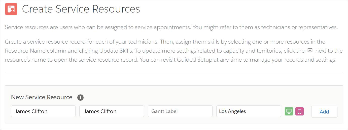 Create Service Resources with New Service Resource of James Clifton in Los Angeles.