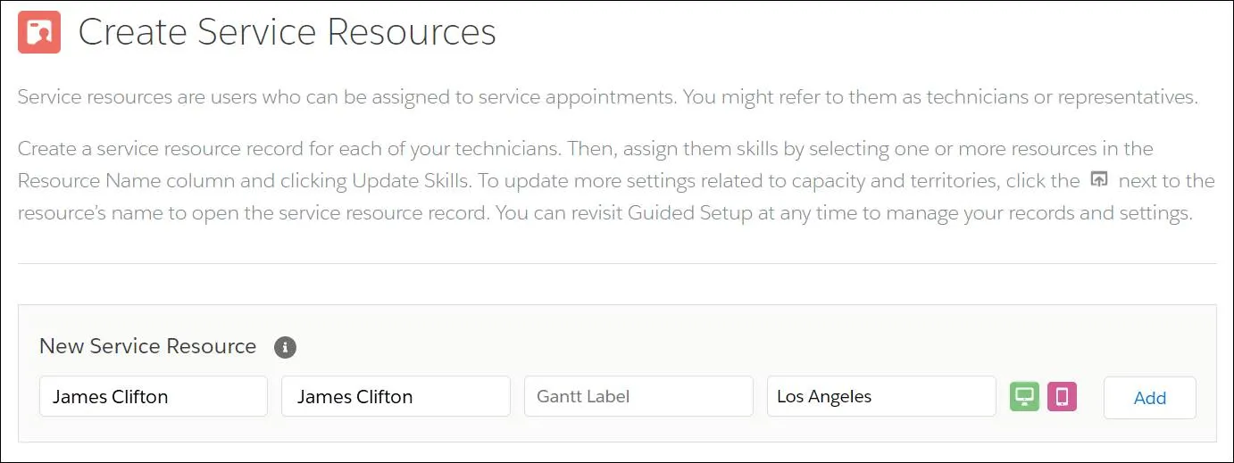 [New Service Resource (新規サービスリソース)] にロサンゼルス在住の James Clifton が示されている [Create Service Resources (サービスリソースの作成)]