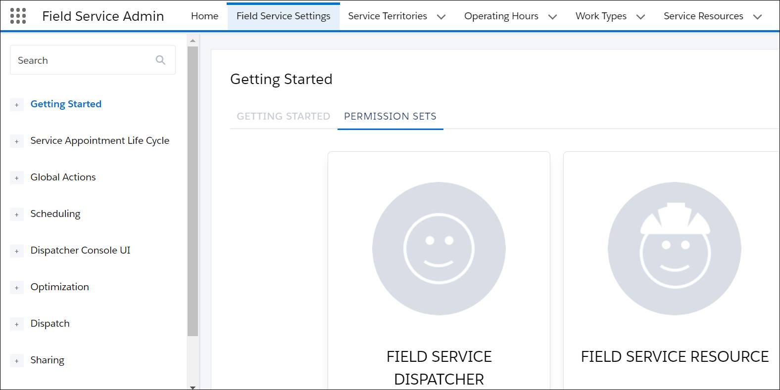 Permission Sets tab in the Field Service Settings app open to show Dispatcher, Resource, and Agent. Underneath each is a button labeled Create Permissions.