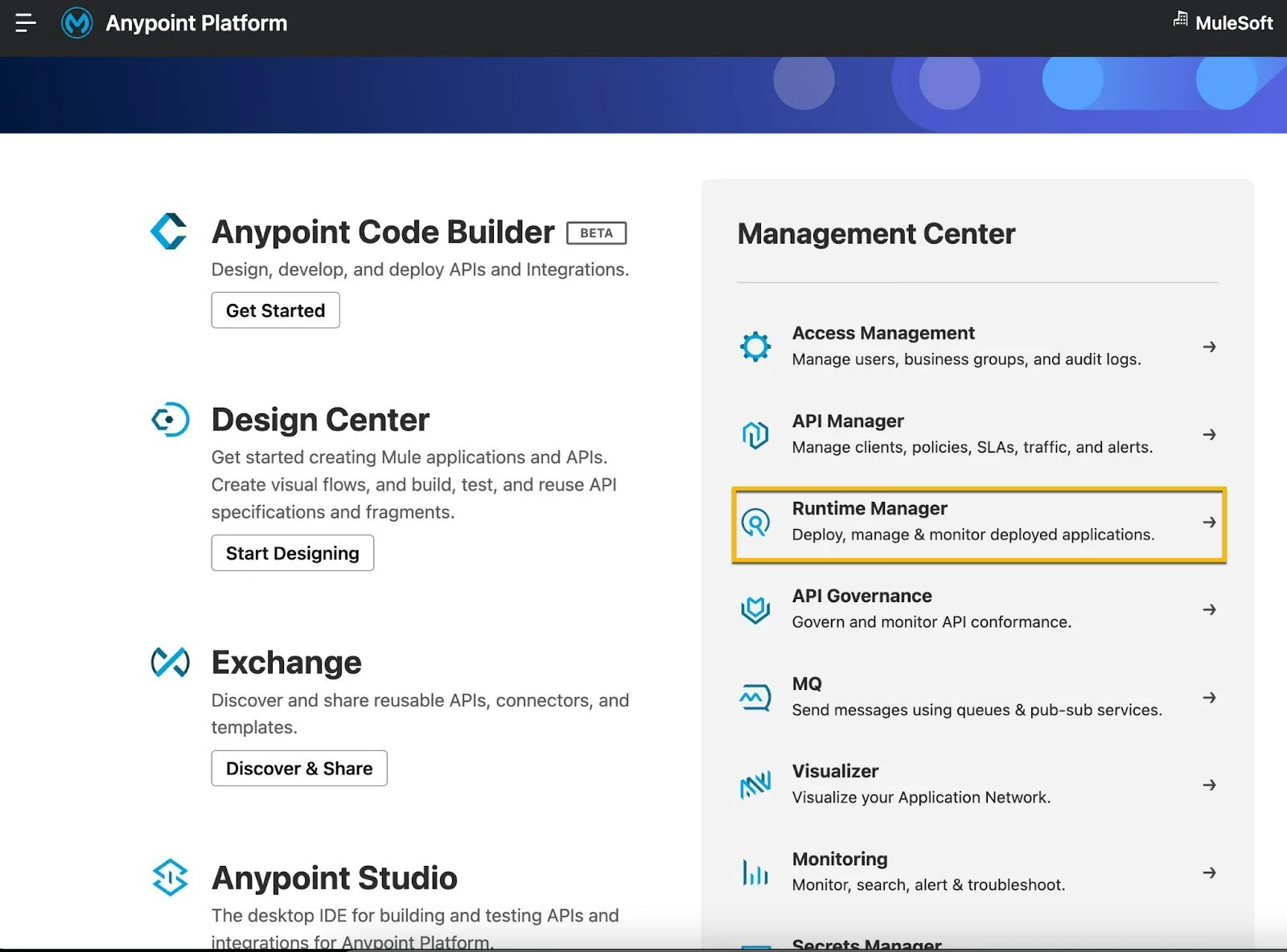 The Anypoint Platform splash screen with a box around Runtime Manager.