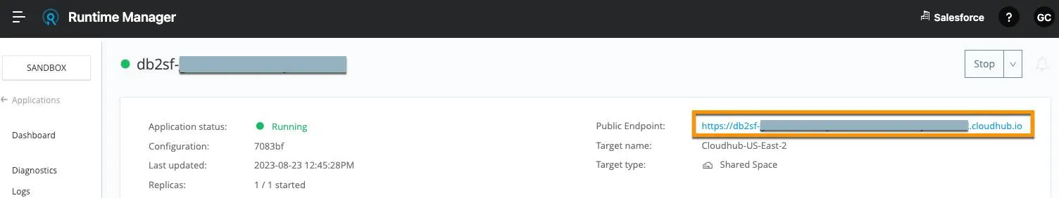 Application status of Running in Runtime Manager with box around Public Endpoint link.