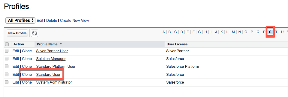 View of the Profile list with the Standard profile highlighted