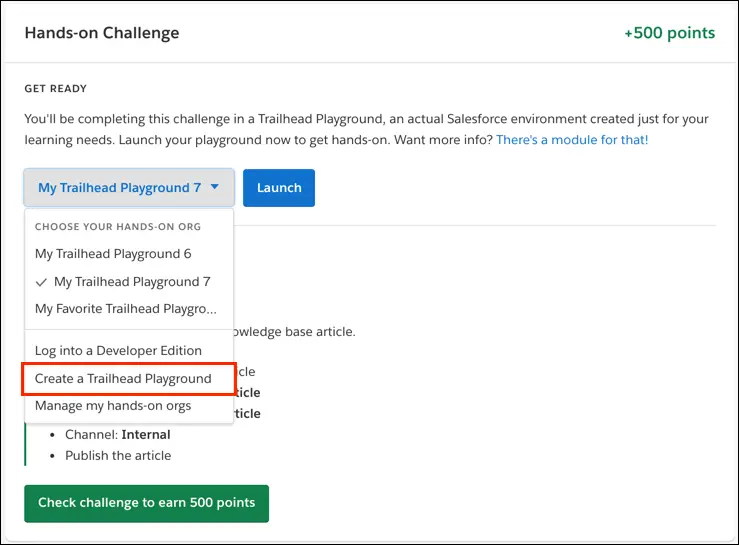 The Create a Trailhead Playground dropdown in a module's hands-on challenge.