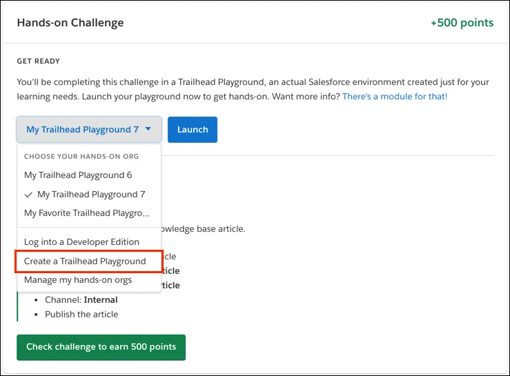 モジュールのハンズオン Challenge の [Create a Trailhead Playground (Trailhead Playground を作成)] ドロップダウン