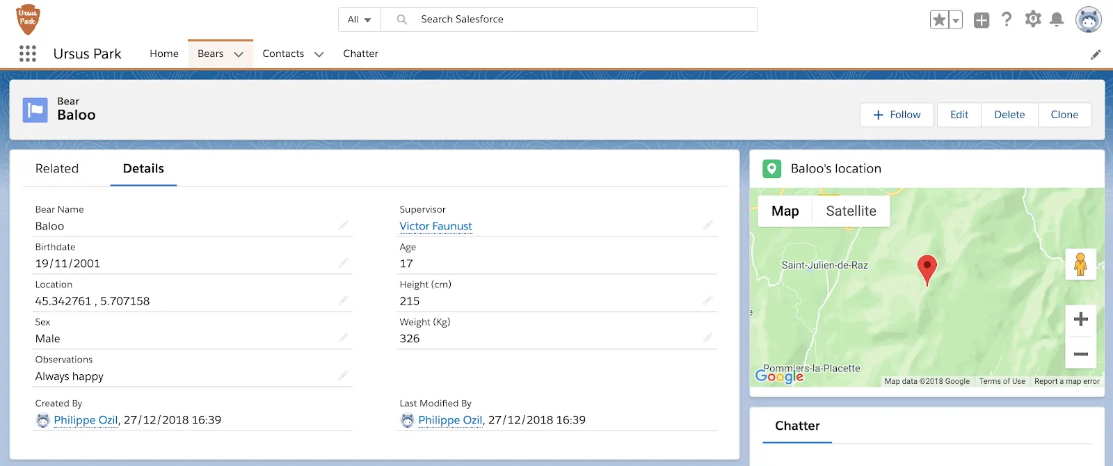 Componente Bear location (Ubicación del oso) en la página de registro Bear (Oso)