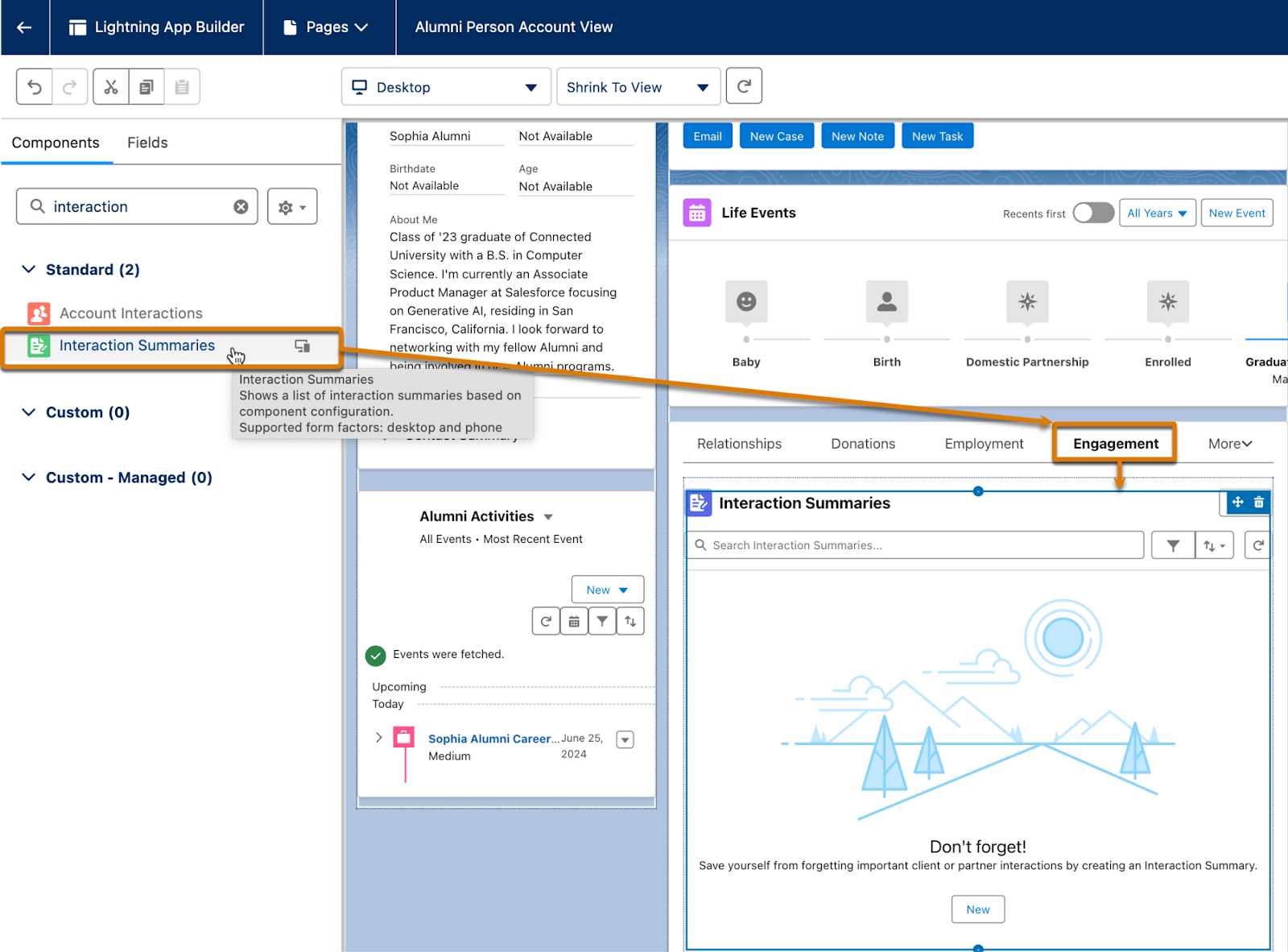 Interaction Summaries component in the Engagement tab of the Alumni person account page.