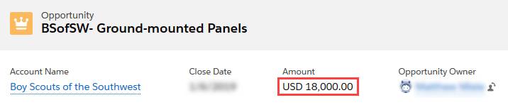 BSofSW - Ground-mounted Panels opportunity header showing adjusted opportunity amount.