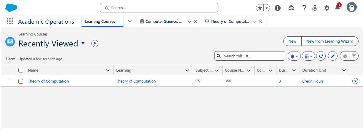 Learning Courses list in the Academic Operations app.